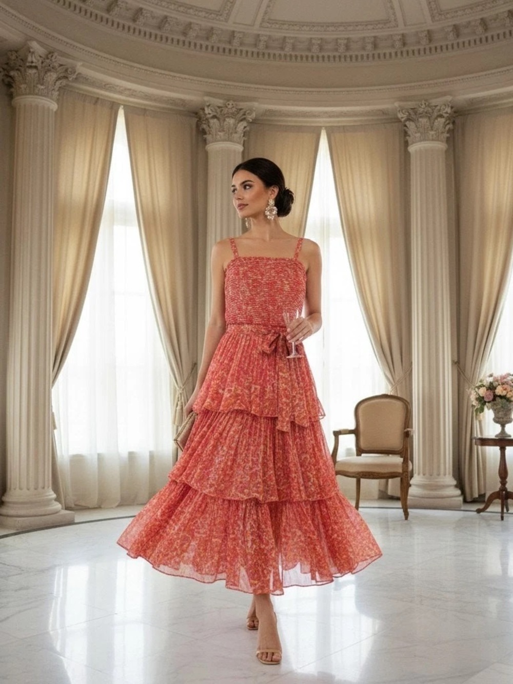 Taylor Coral Pleated Tiered Midi Dress with Floral Print